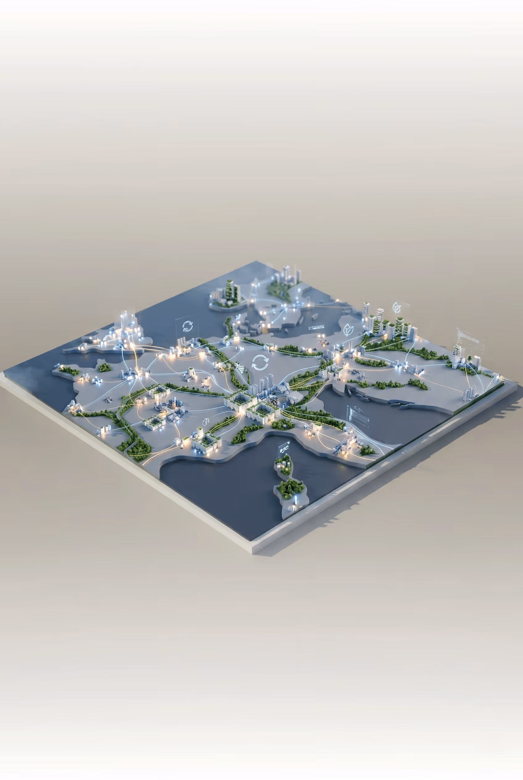 3D futuristic map model with interconnected locations, showing a decentralized network of possible NeoMethanol locations