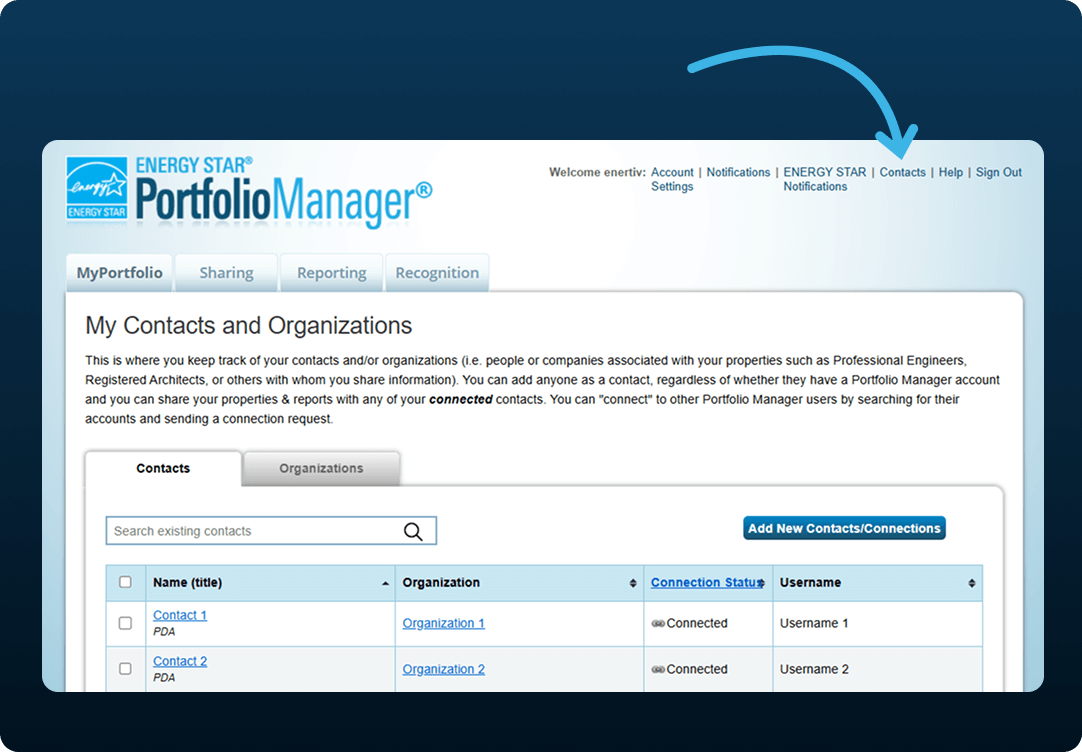 Location of the Contacts link in ESPM header