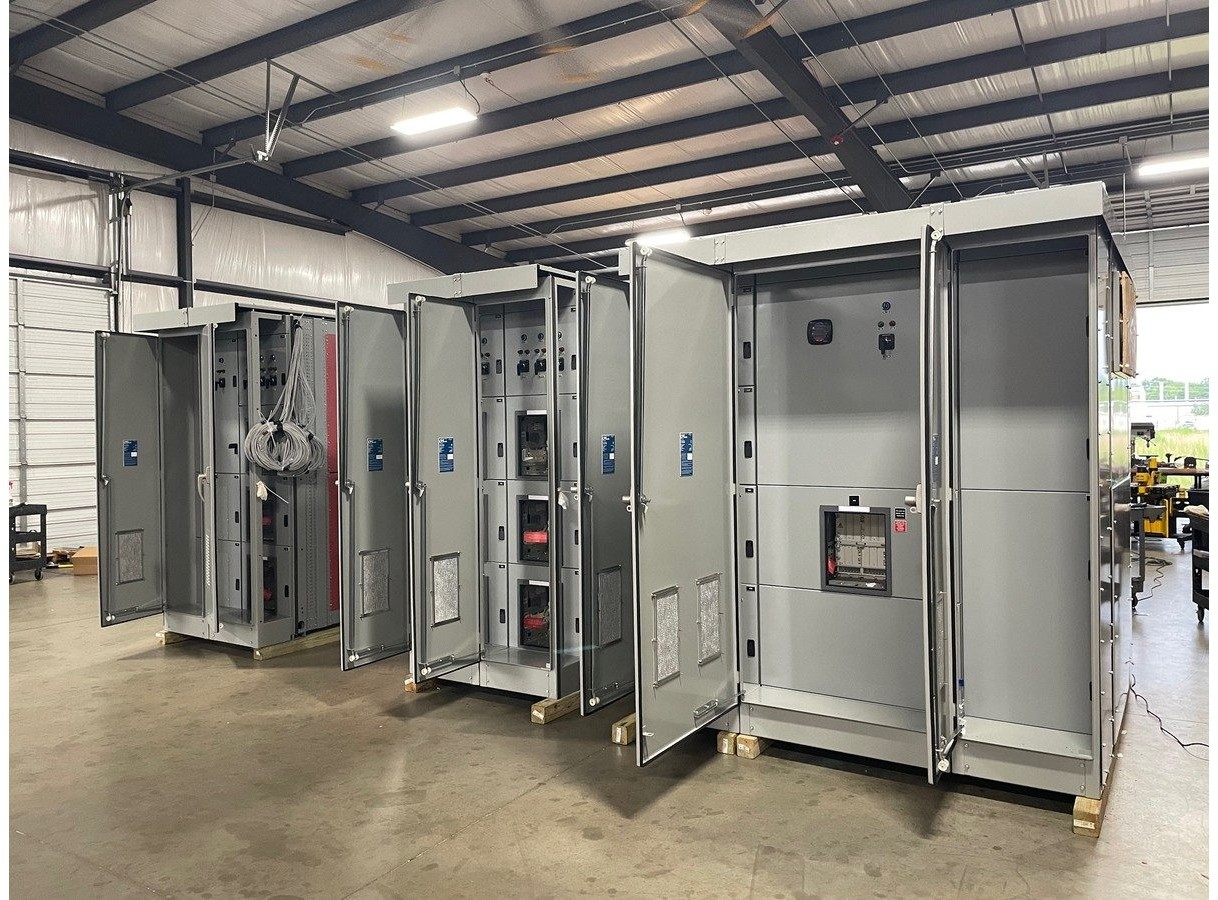 Electrical switchgear and service entrance on the exterior of an industrial building