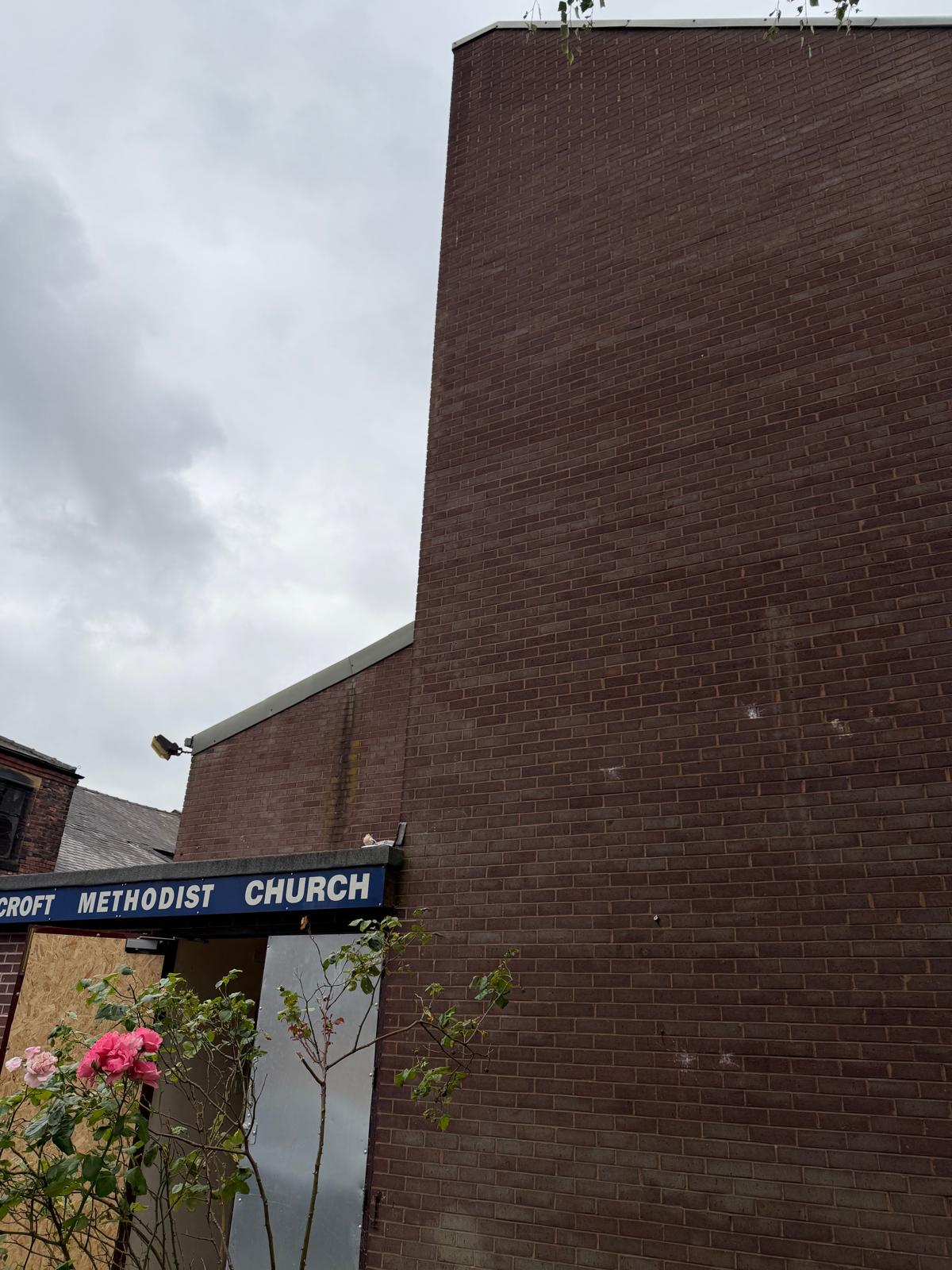 Site set up and scaffold access at the former Methodist church demolition in Eccles, Manchester