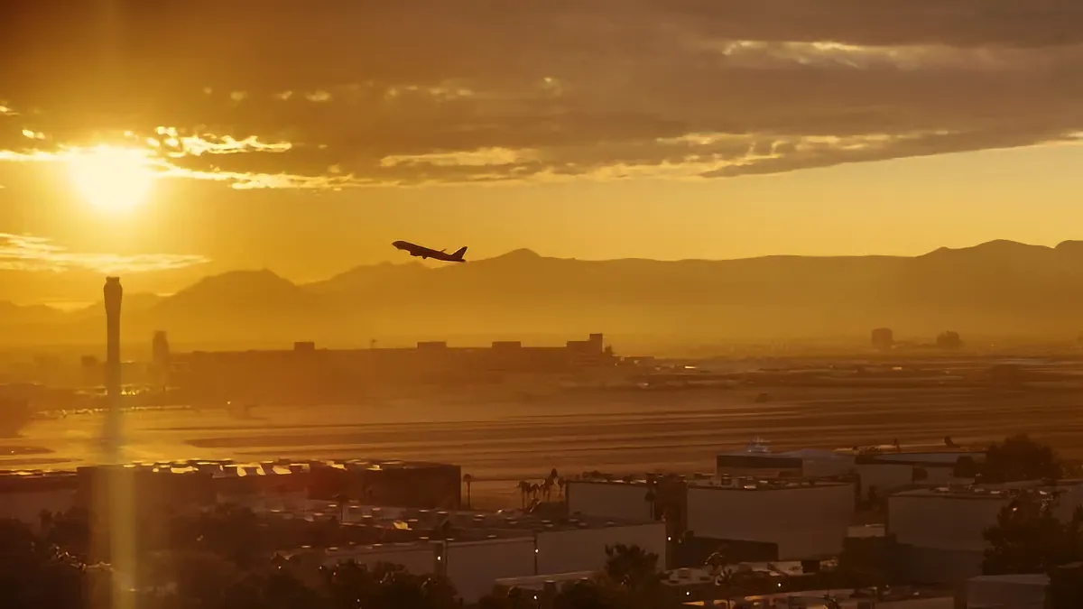 A commercial airplane taking off into a dramatic golden hour sunset, symbolizing growth and forward momentum.