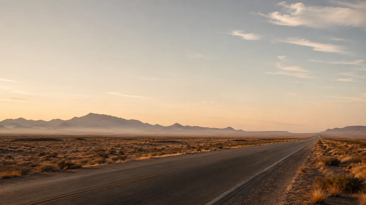 An empty asphalt road stretching through a vast, isolated desert landscape, symbolizing the feeling of the founder's solitary journey.