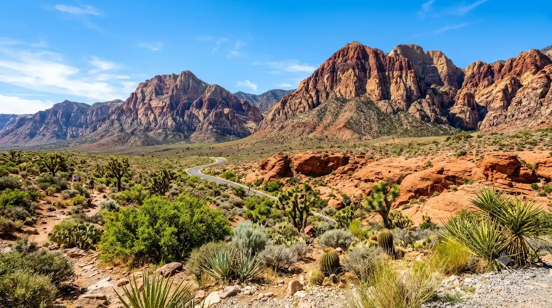 Red Rock Canyon's Majestic Red Mountains contrasting with blooming desert foliage.