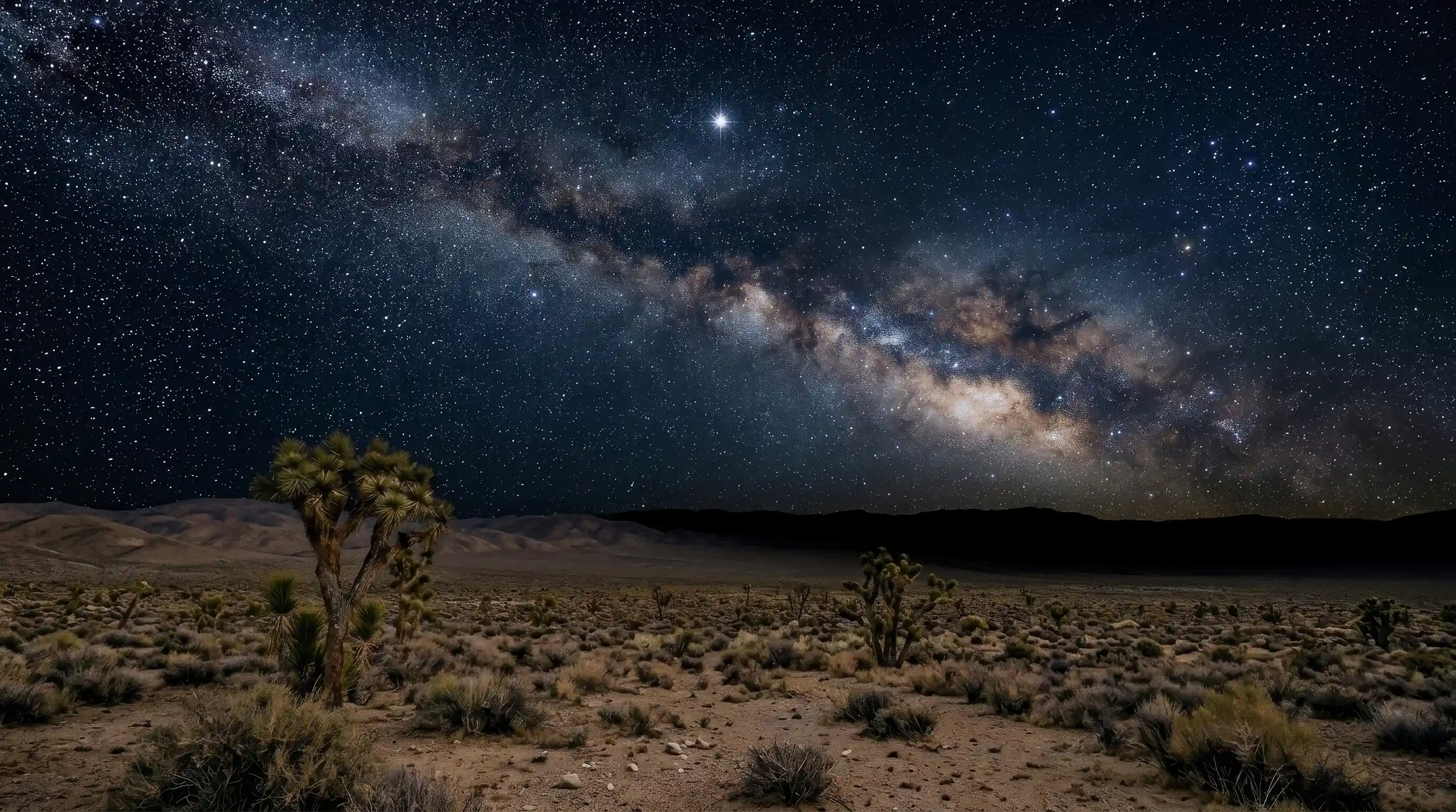 The north star shines bright in front of the milky way, illuminating the desert