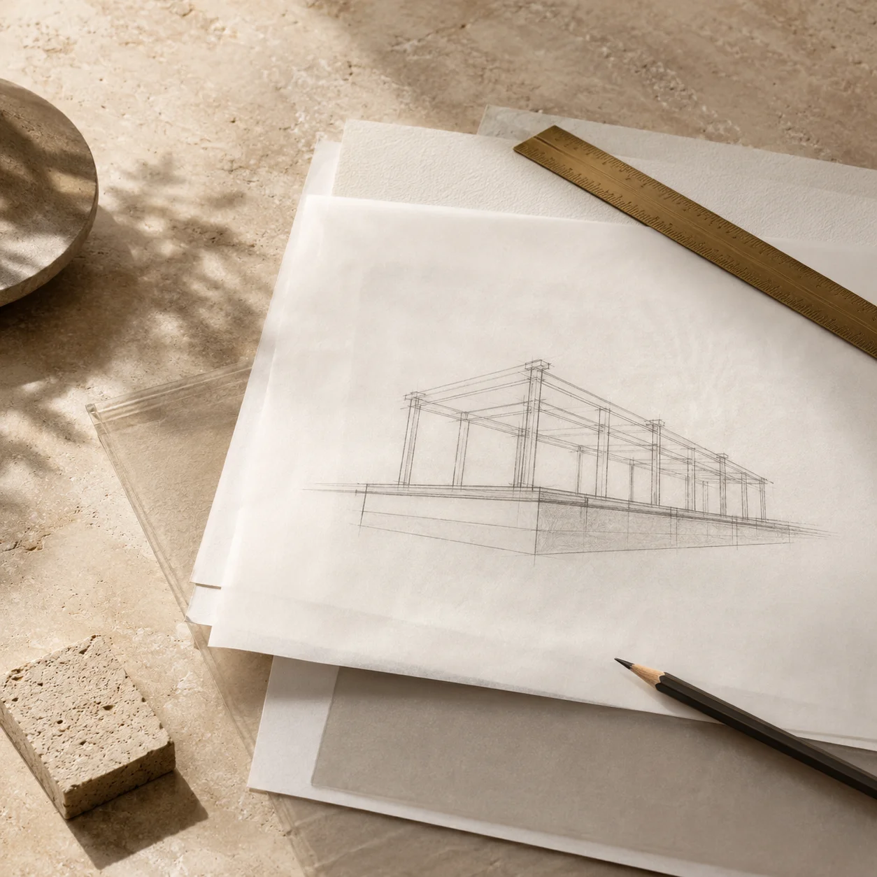 An elegant top-down shot of a clean blueprint style sketch on white paper, with ruler and pencil, symbolizing the intentional design and strategic planning required before making a first sales hire.