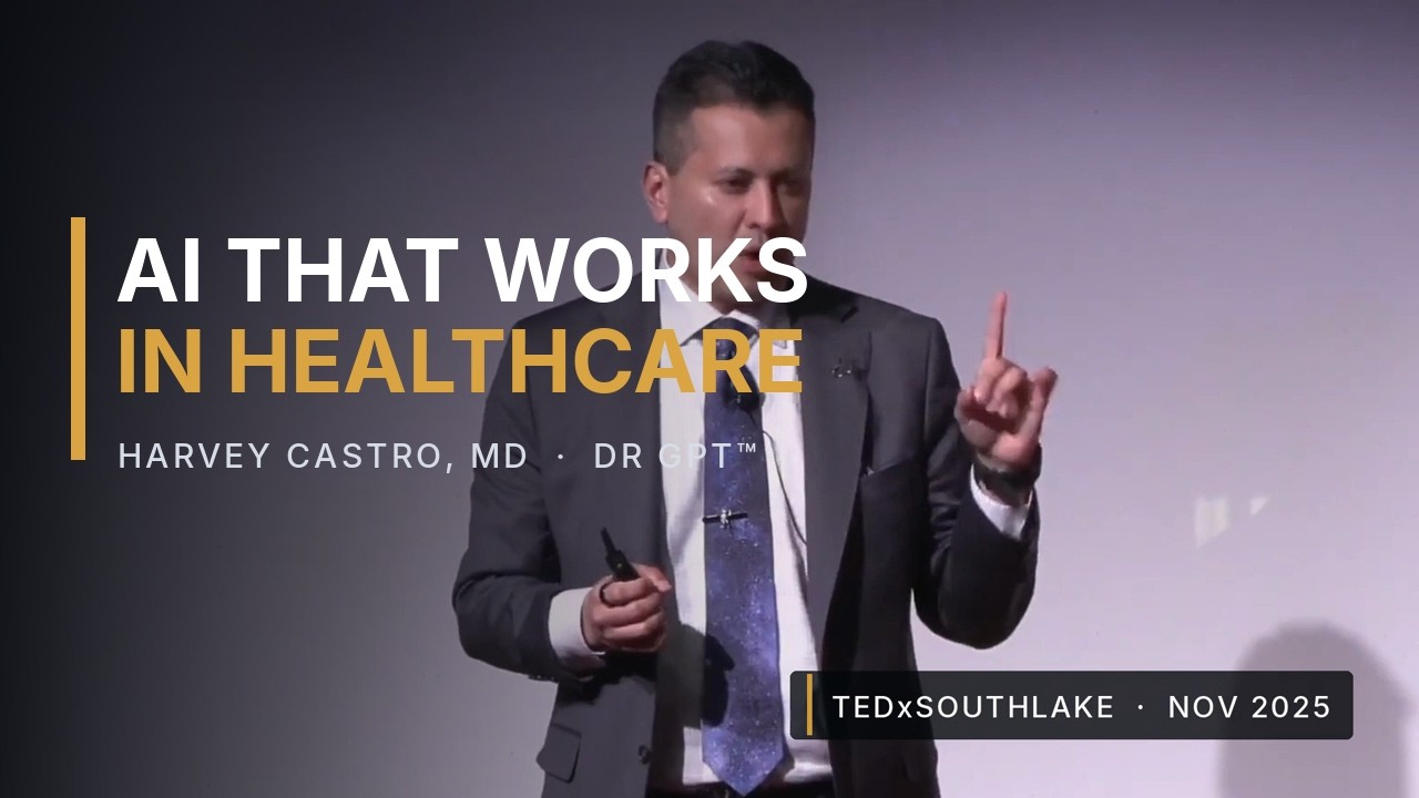 Harvey Castro, MD, speaking on stage at TEDxSouthlake in November 2025.