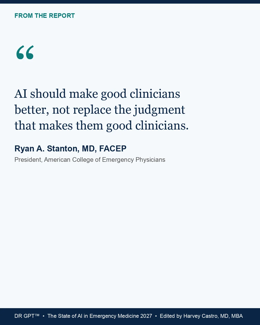 Quote card: "AI should make good clinicians better, not replace the judgment that makes them good clinicians." Ryan A. Stanton, MD, FACEP, President, American College of Emergency Physicians.