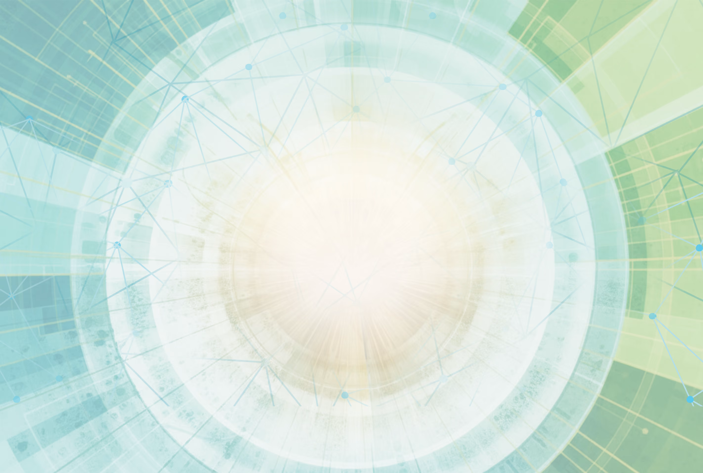 Abstract circular green and blue digital pattern with connecting nodes and light center.