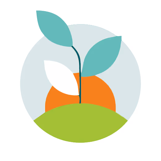 Illustration of a small plant with three leaves growing on a green hill with an orange sun.