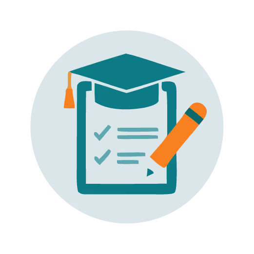 Clipboard with checkmarks, pencil, and graduation cap symbolizing education and assessment.