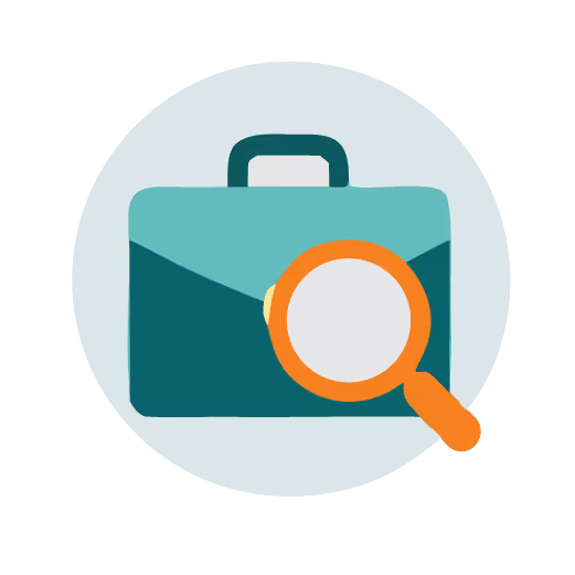 Briefcase with a magnifying glass in front, symbolizing finance or business search.