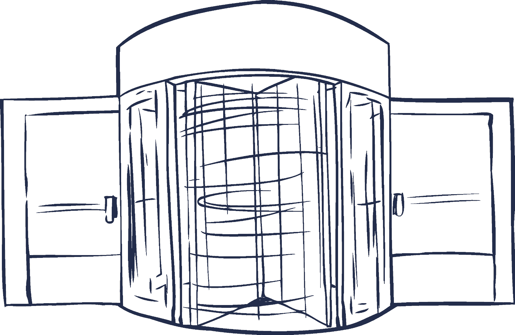 Hand-drawn revolving door, wings mid-turn