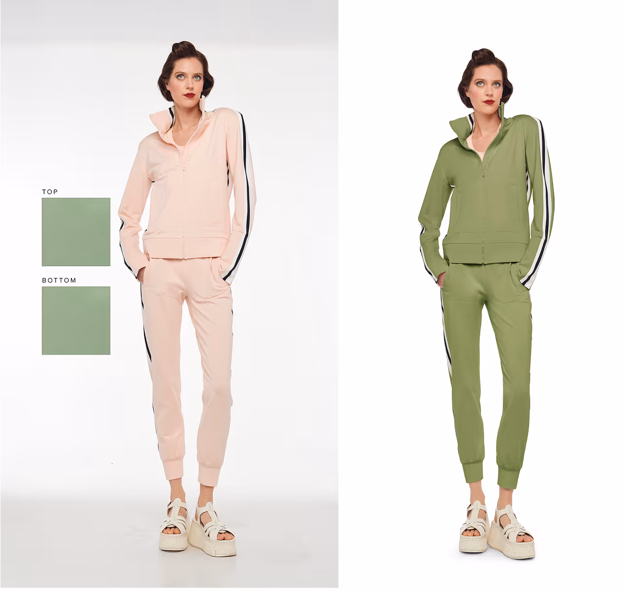 Matching tracksuits shown in pale pink and green beside color references