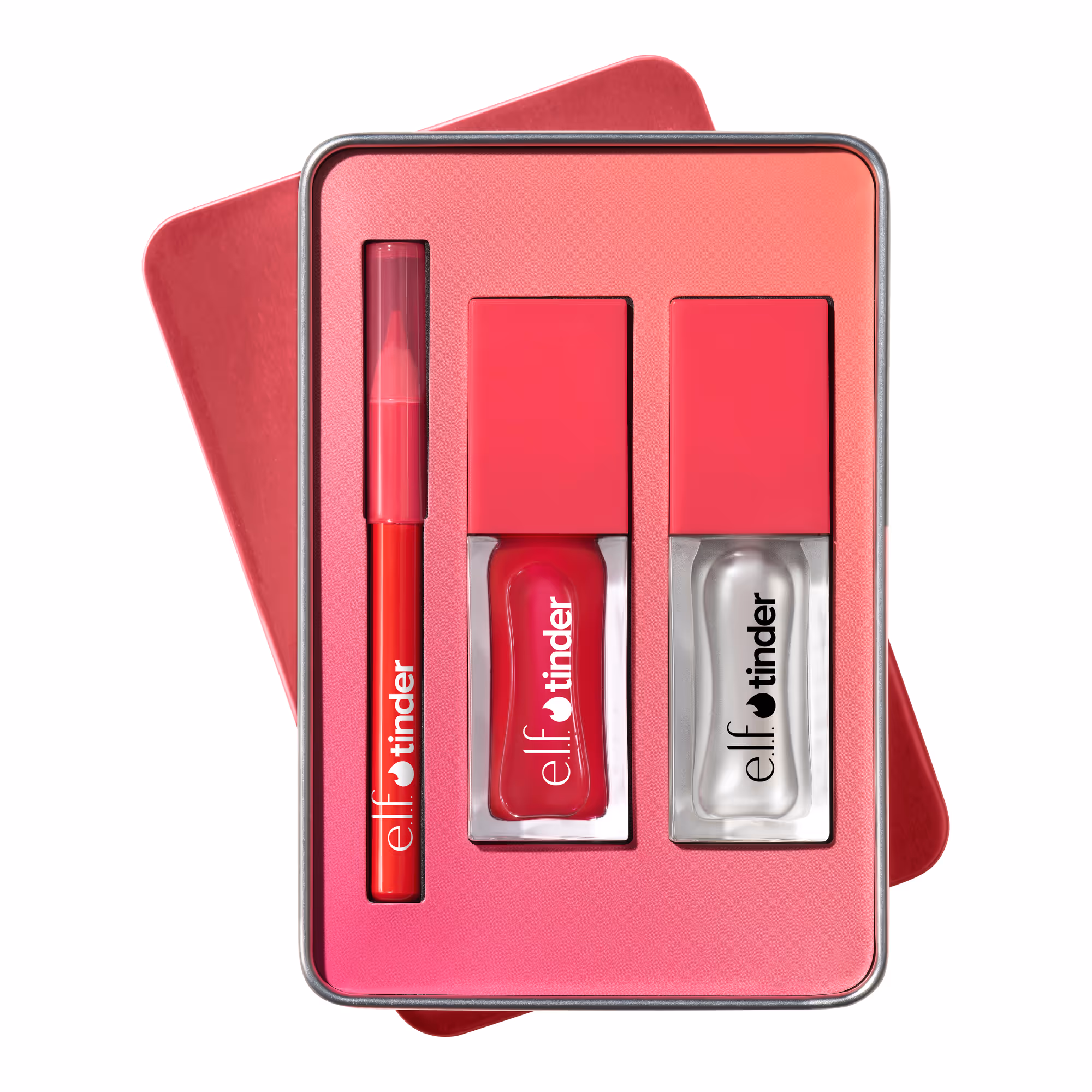 Three e.l.f. lip products in a red metal gift tin