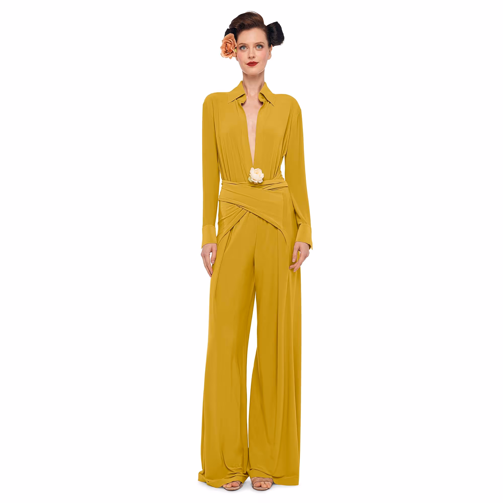 Full-length model wearing a mustard-yellow suit