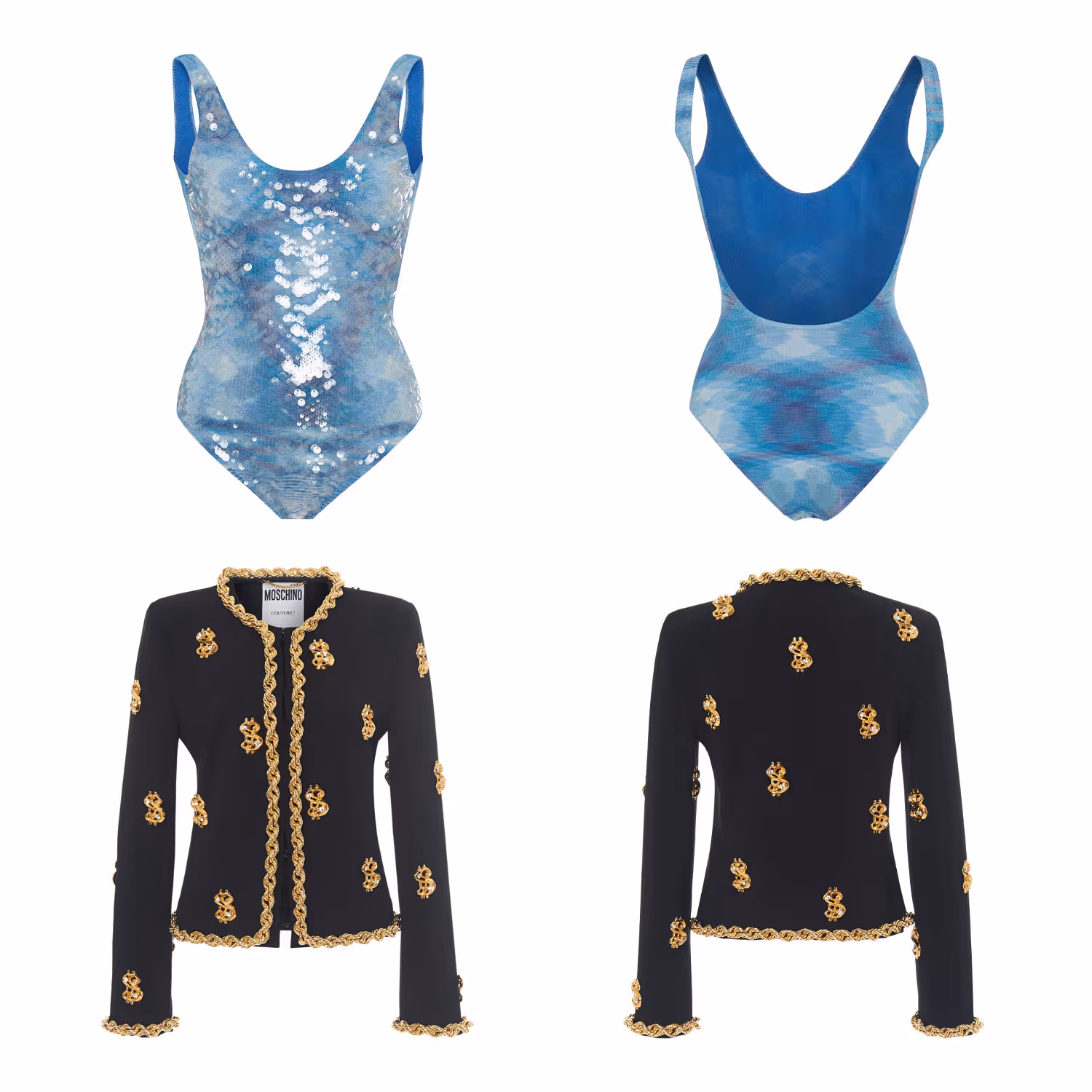 Front and back views of blue swimwear and a black patterned jacket