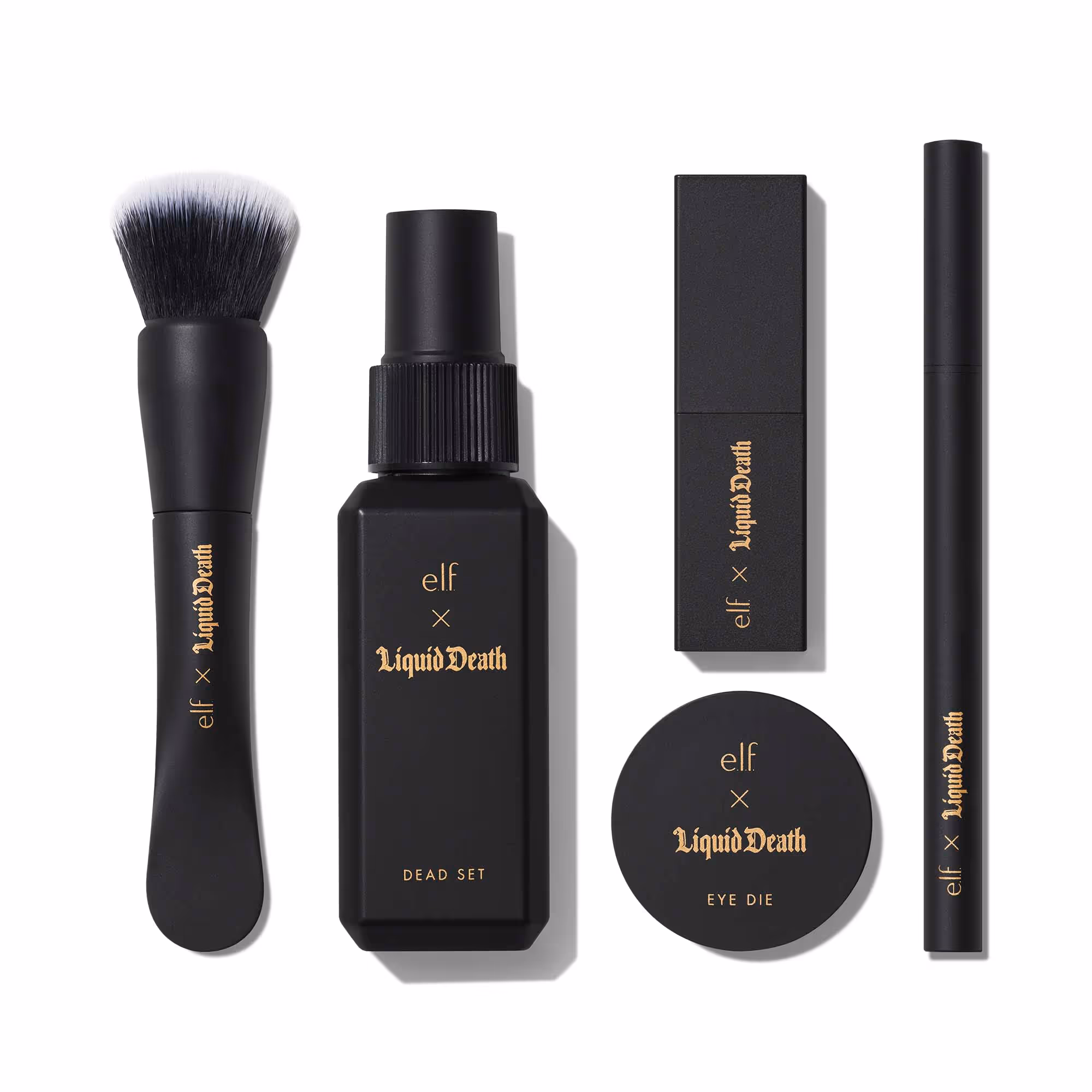 Black makeup brush, spray, compact and cosmetic packaging