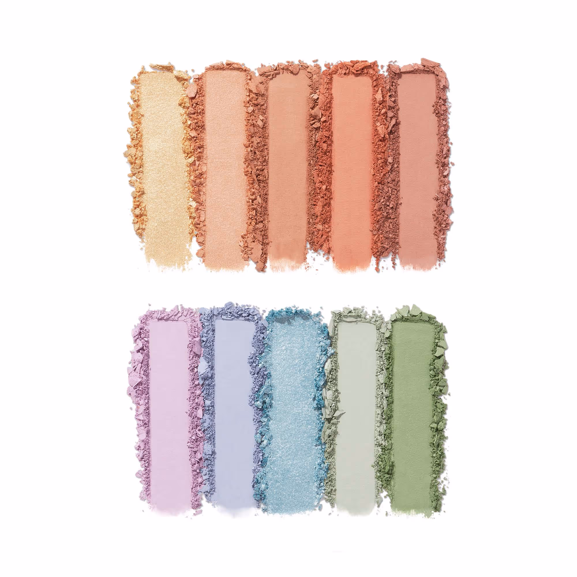 Two rows of textured makeup swatches in neutral and pastel shades