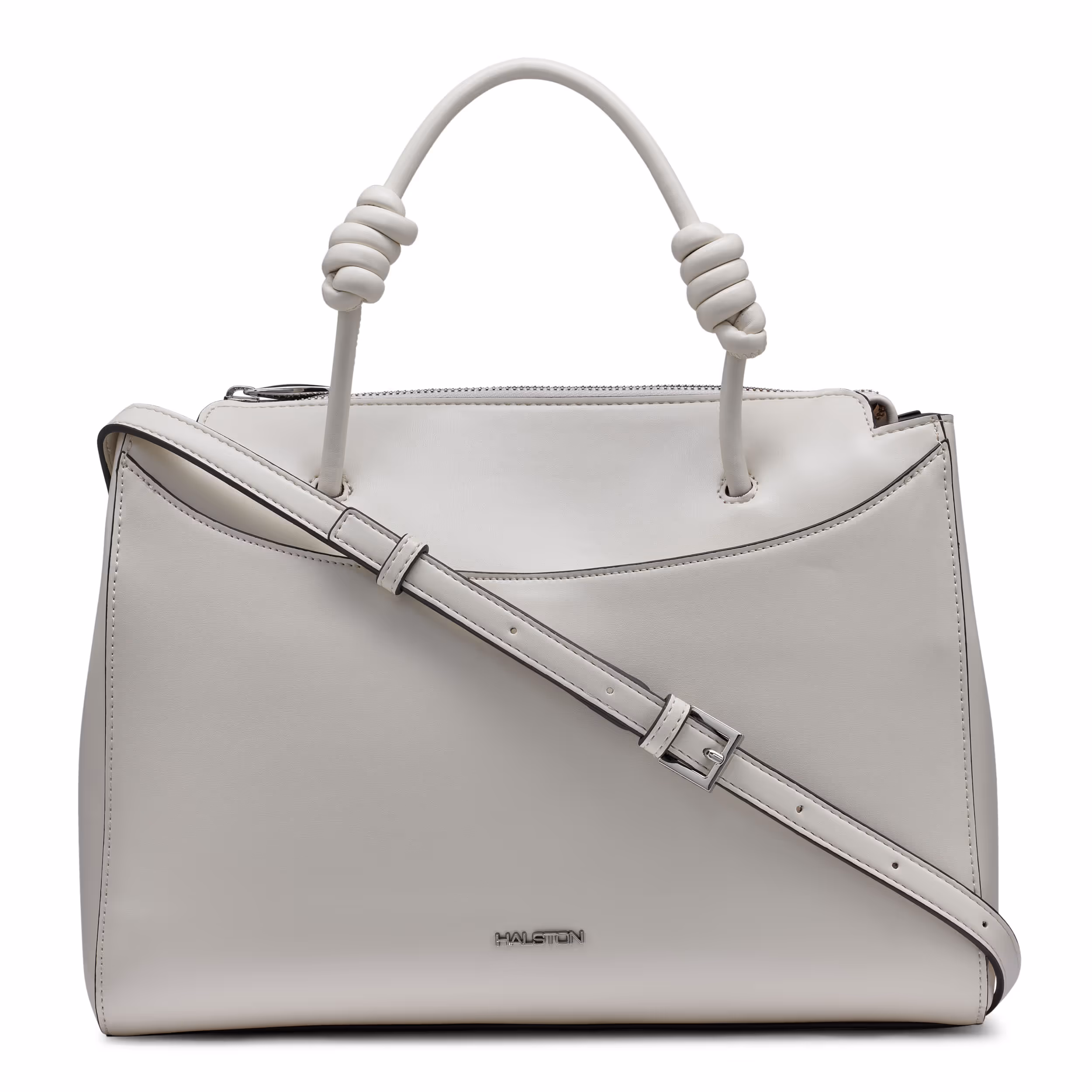 Gray handbag with knotted handles and a shoulder strap