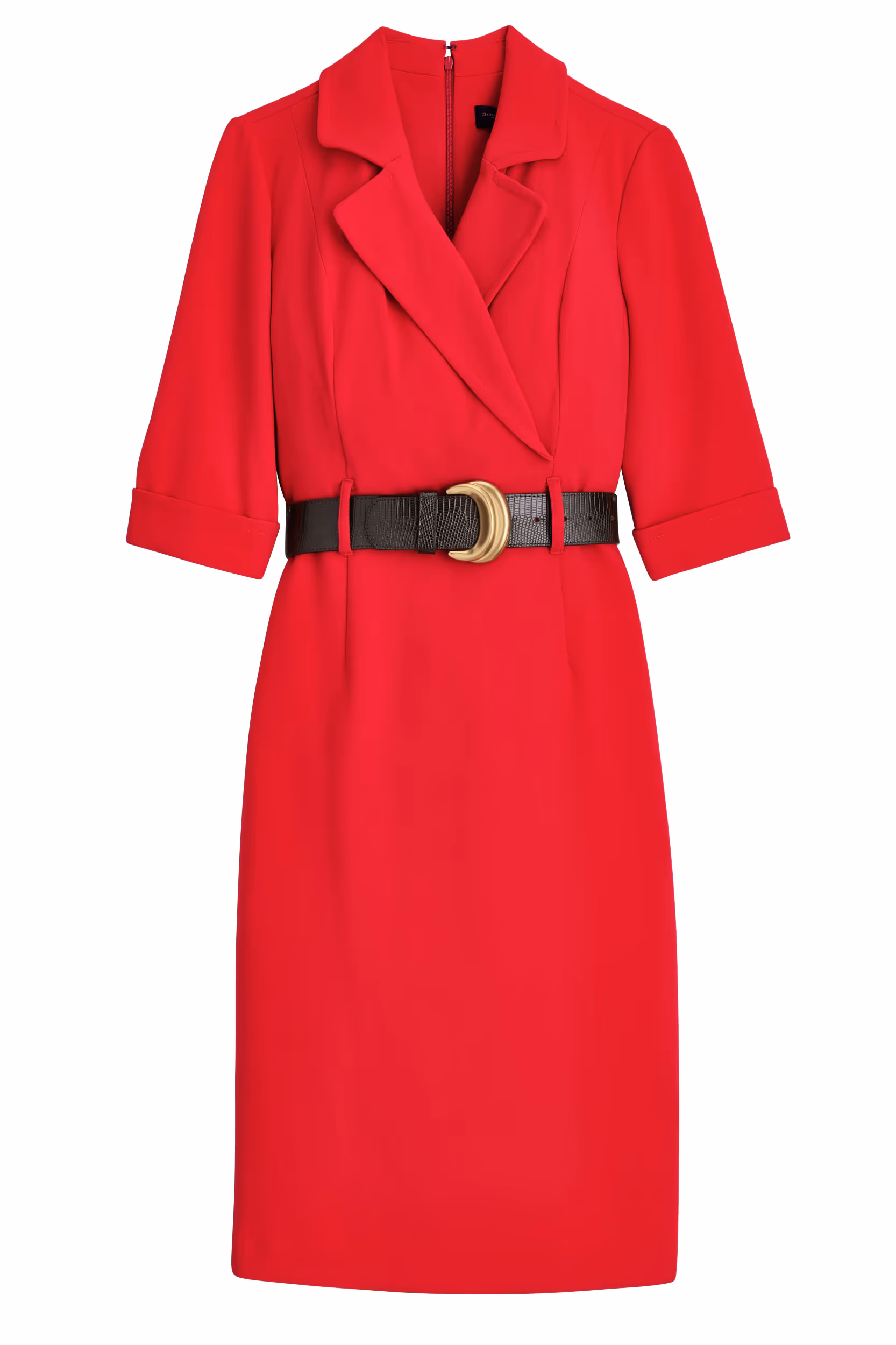 Red short-sleeve belted dress on a white background