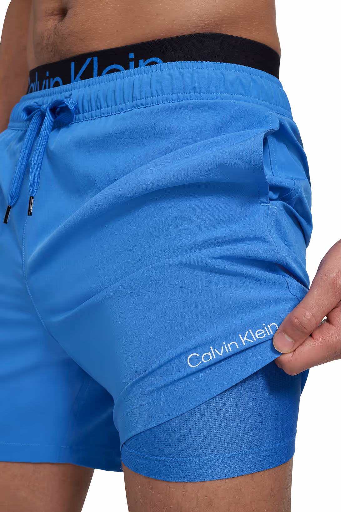 Close-up of blue Calvin Klein swim shorts