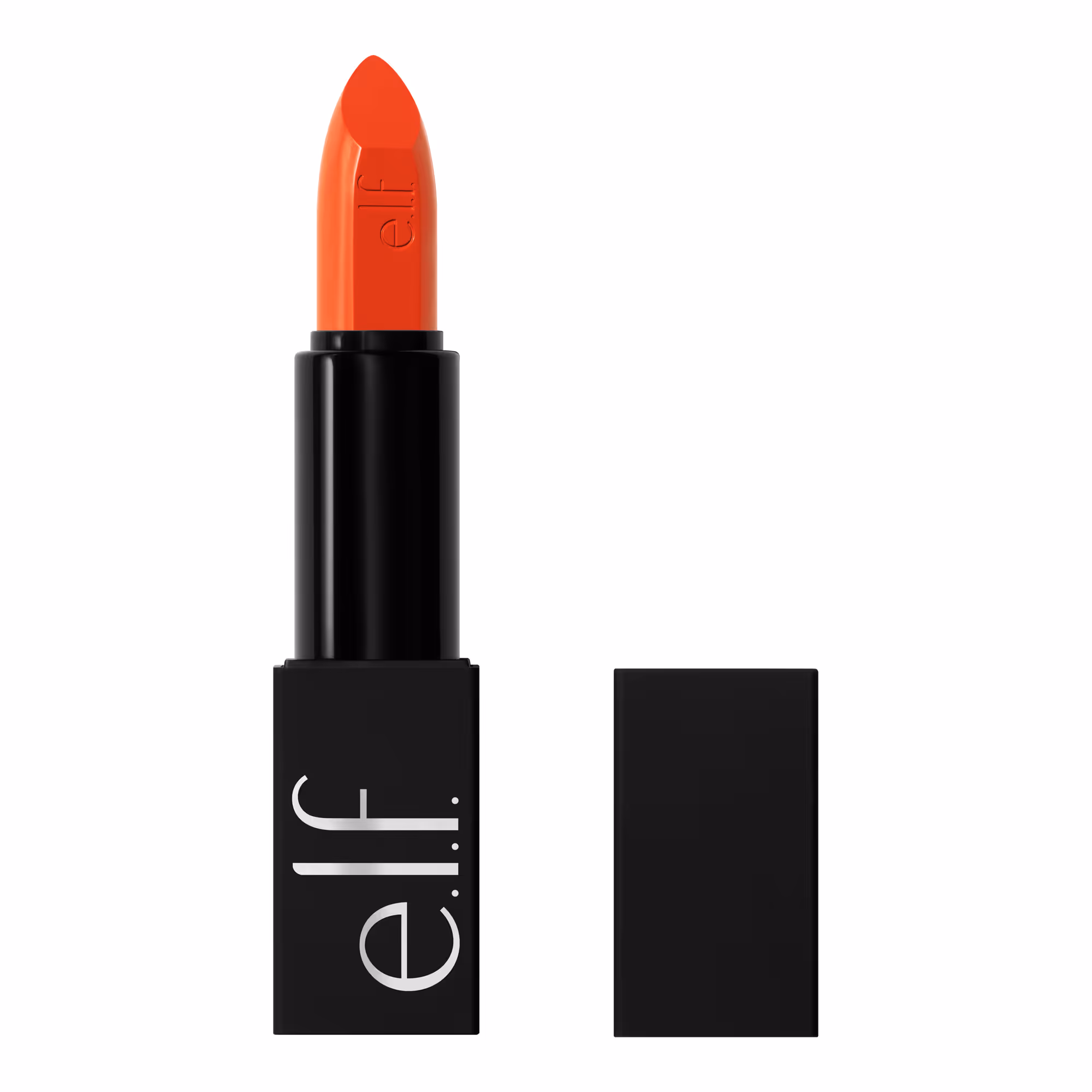 Orange-red e.l.f. lipstick beside its black cap