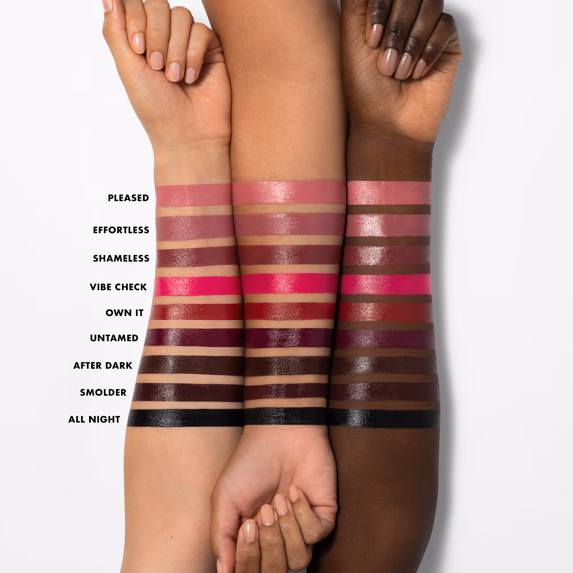 Makeup shade swatches compared across three skin tones