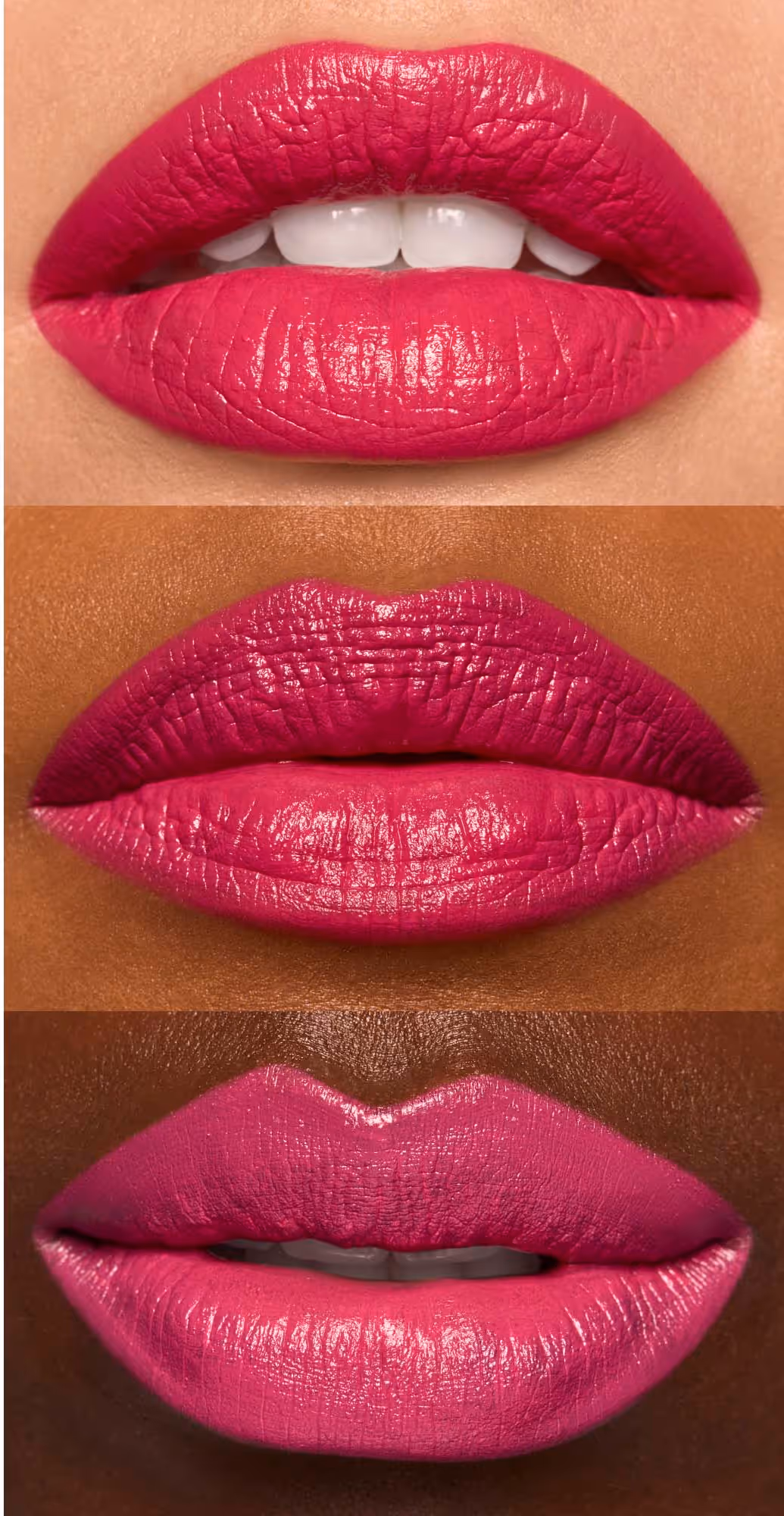 Three close-ups showing different pink lipstick shades