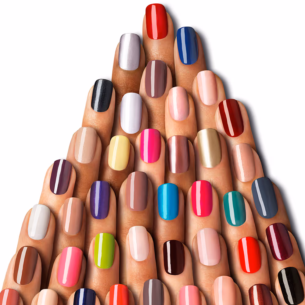 Composite arrangement of fingertips with different nail polish colors