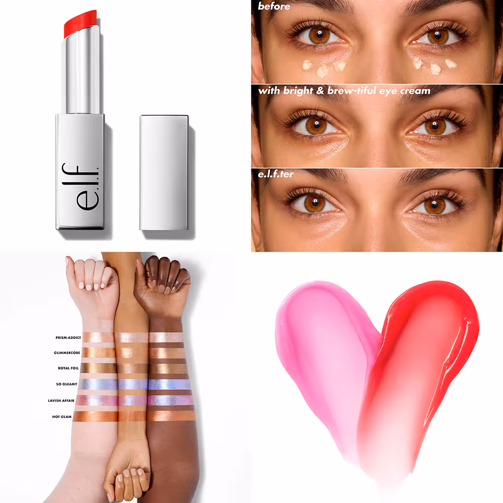 Collage of lipstick, eye makeup, makeup swatches and cosmetic textures