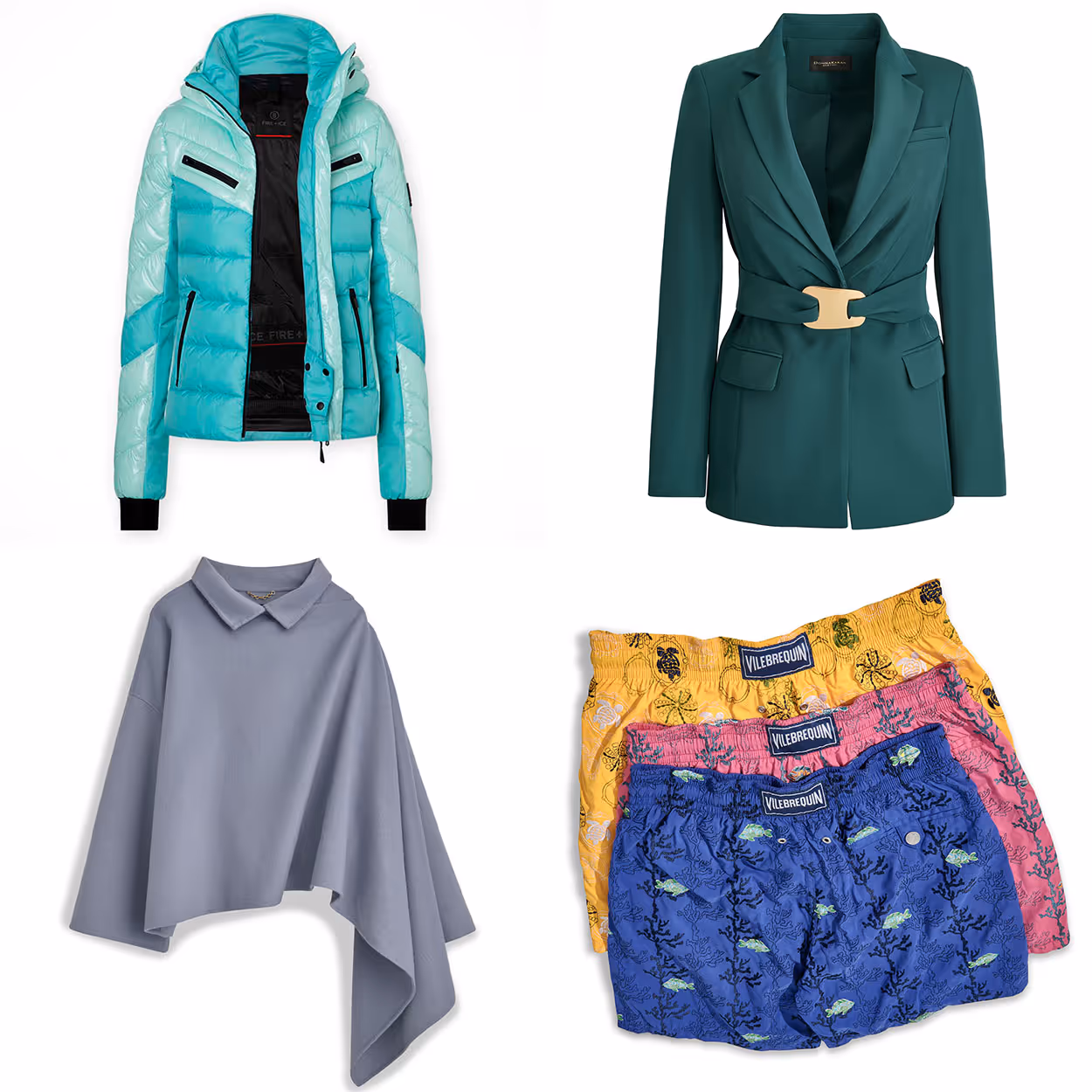 Flat-lay and ghost-mannequin views of jackets, a skirt and patterned shorts