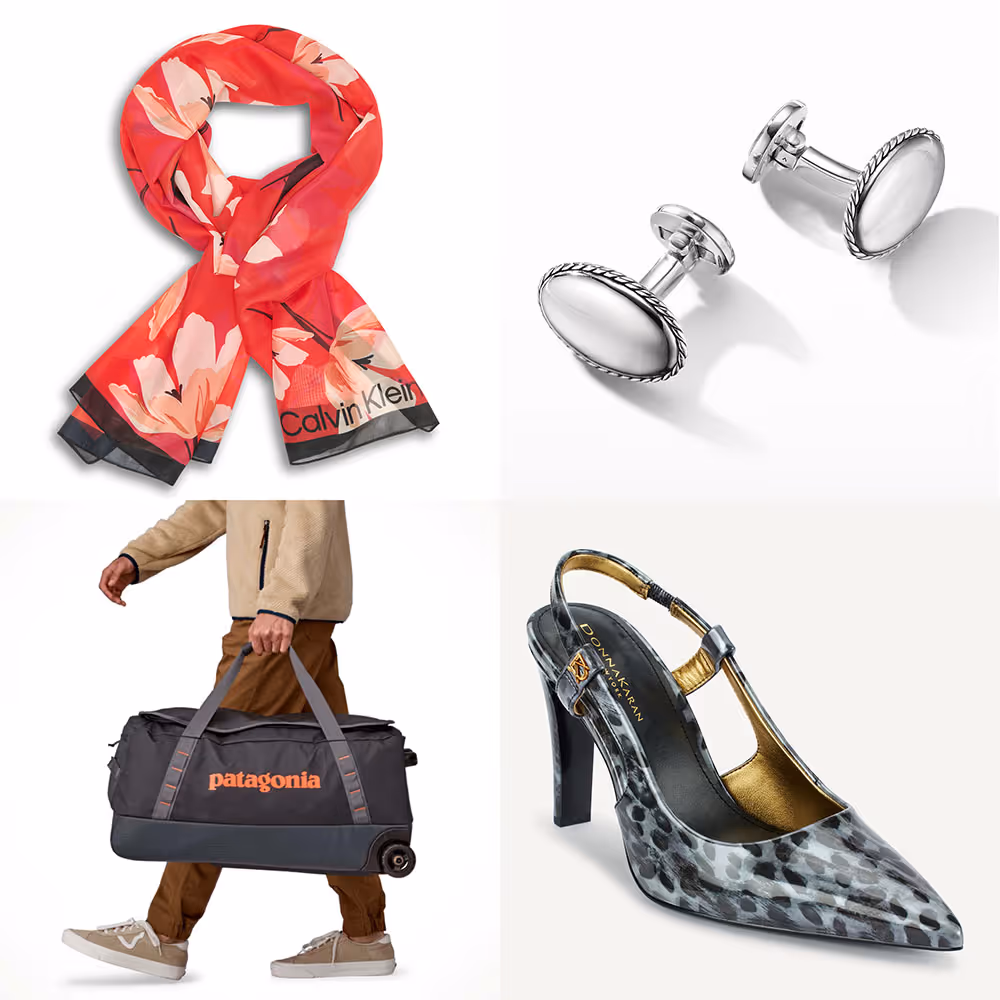 Accessories collage featuring a printed scarf, earrings, handbag and patterned heel