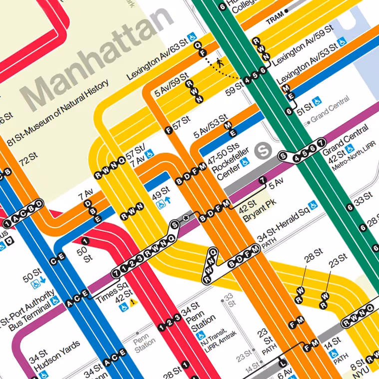 Detail of a colorful Manhattan subway map