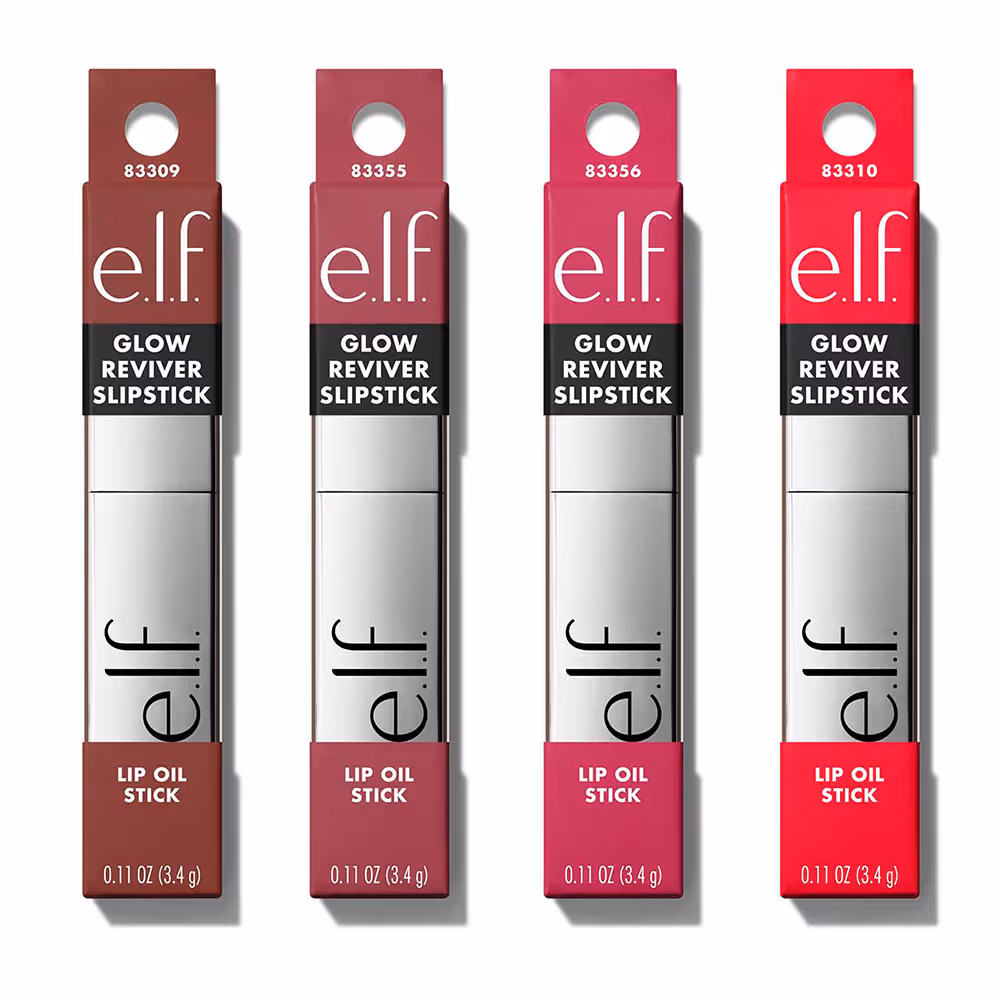 Four e.l.f. lip products in different shades shown in their packaging
