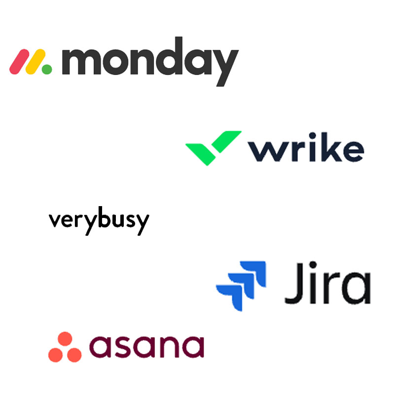 Project management platform logos: monday, Wrike, verybusy, Jira and Asana