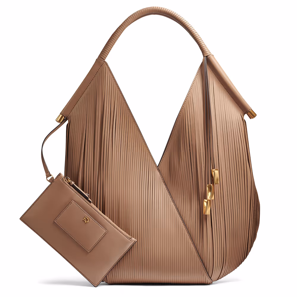 Tan pleated handbag with matching hanging pouch