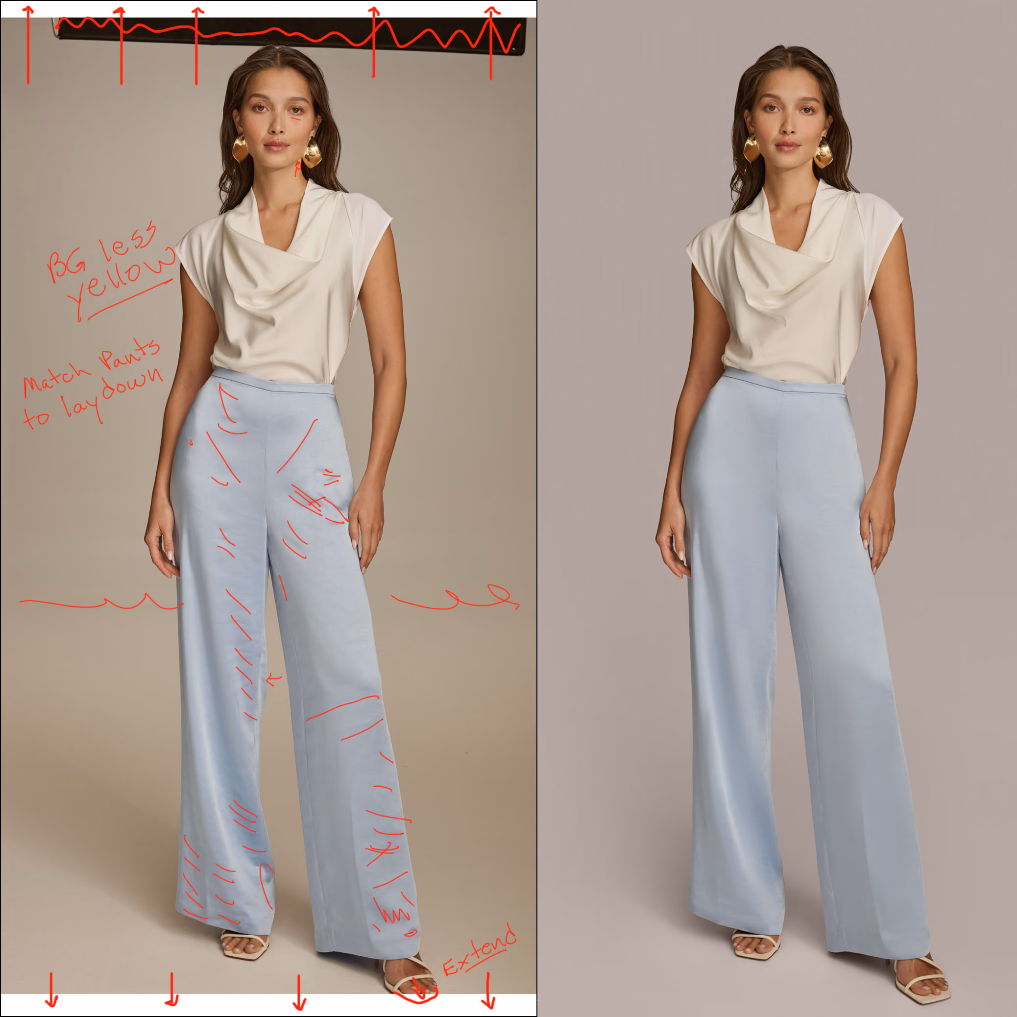 Retouching markup and finished image of a model in a cream top and blue trousers