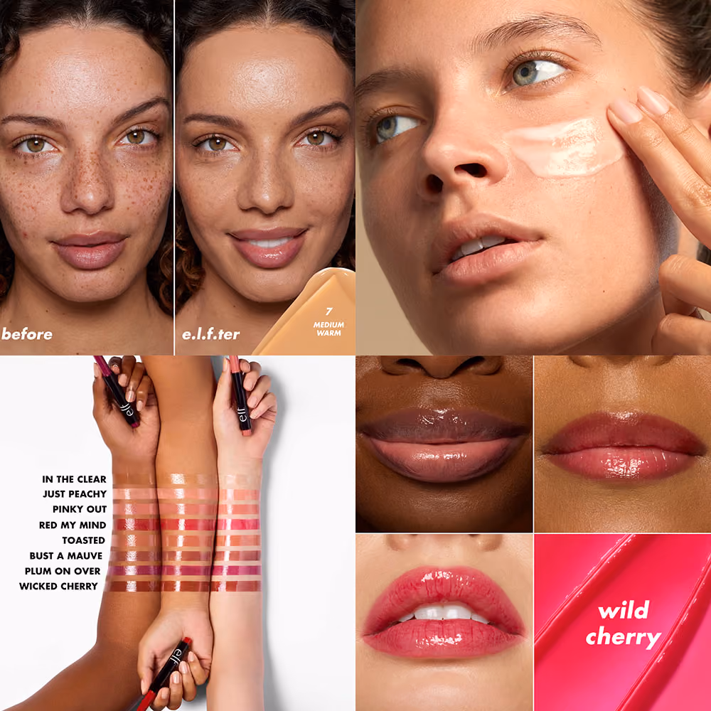 Beauty collage comparing skin, makeup swatches, eyes and lip colors