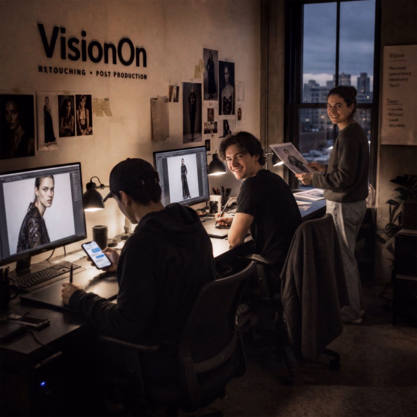 Retouchers working at monitors in the VisionOn studio