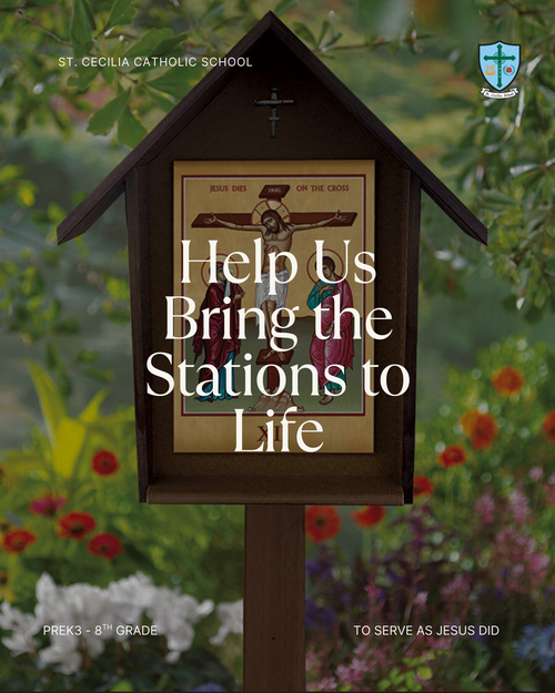 Outdoor Stations of the Cross display box among garden flowers