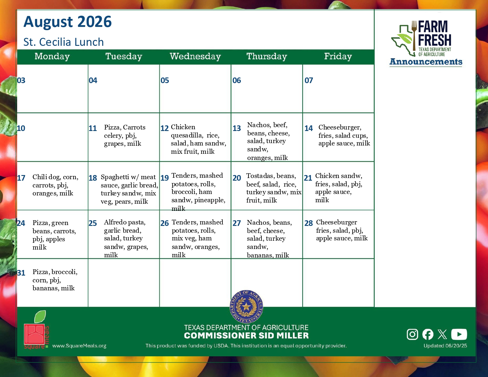 St Cecilia school lunch menu for August 2026