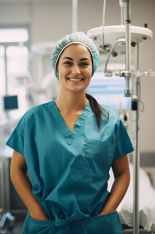 Smiling female healthcare professional in teal scrubs and surgical cap standing in a medical facility.