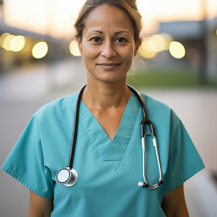Confident female healthcare professional wearing teal scrubs and a stethoscope around her neck outdoors.