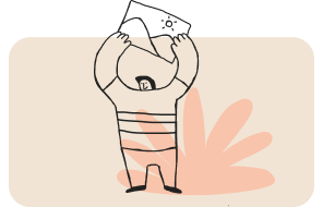 Cartoon figure holding a puzzle piece above their head, standing in front of an abstract plant shape.