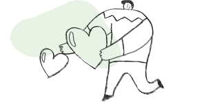 Line drawing of a person holding two large hearts, one in each hand.