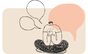 Illustration of a person sitting cross-legged covering their face with hands, surrounded by empty speech bubbles.
