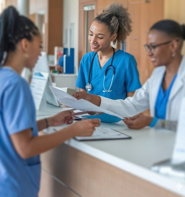 Two healthcare professionals in blue scrubs and white coat reviewing documents and smiling at a reception desk.