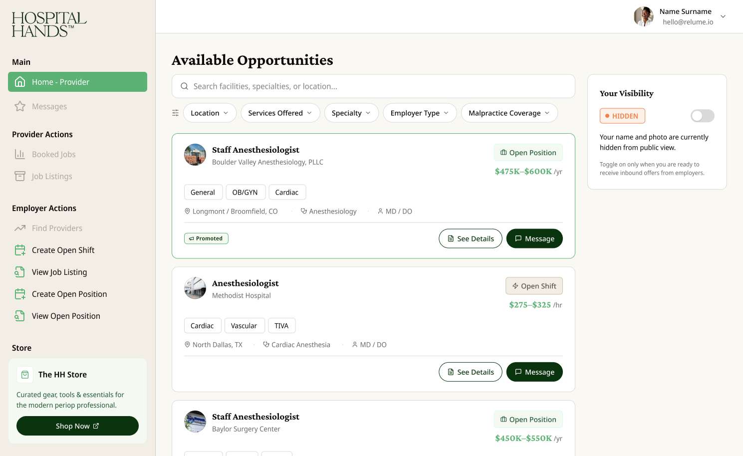 Hospital Hands job listing interface showing available anesthesia jobs, filters, visibility toggle, and user profile.