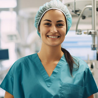 Smiling female healthcare professional wearing teal scrubs and a hairnet in a clinical setting.