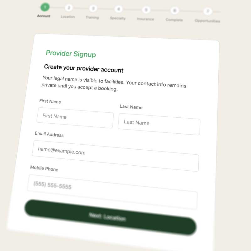 Provider signup form with fields for first name, last name, email address, and mobile phone, and a green Next Location button.